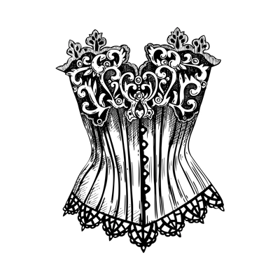 Vintage corset top vector sketch. Romantic gothic fashion illustration. Halloween, dark academia clothes. Hand drawn historical costume design. NOT AI generated
